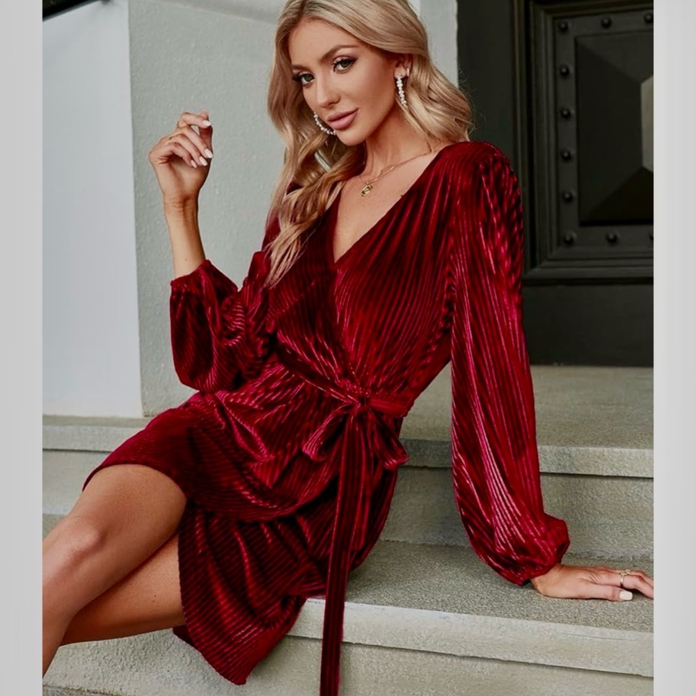 Women's Red Velvet Wrap Mini Dress with Tie Waist